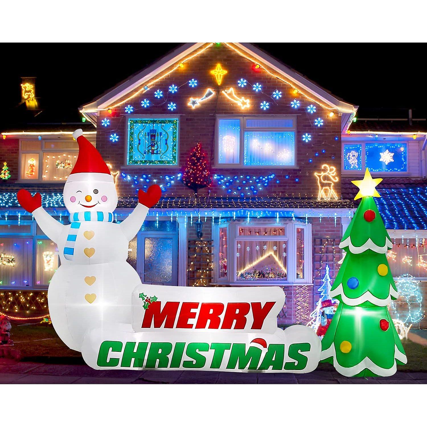 9.4ft Merry Christmas Inflatables Decorations， Outdoor Christmas Inflatable Tree Snowman Banner Creative Christmas Blow Ups Yard Decoration For Holida