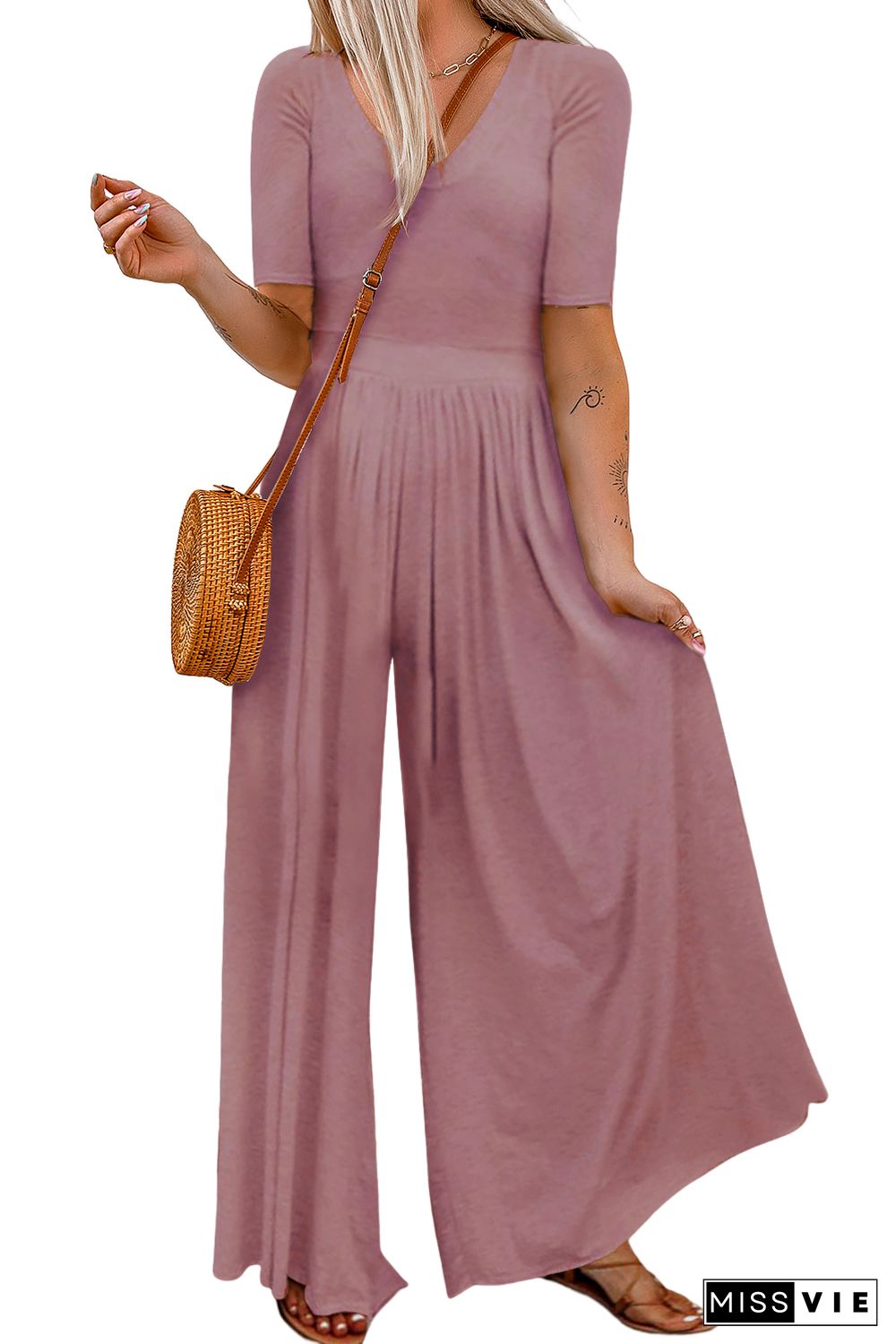 Pink Short Sleeve Bodice Flowy Wide Leg Jumpsuit