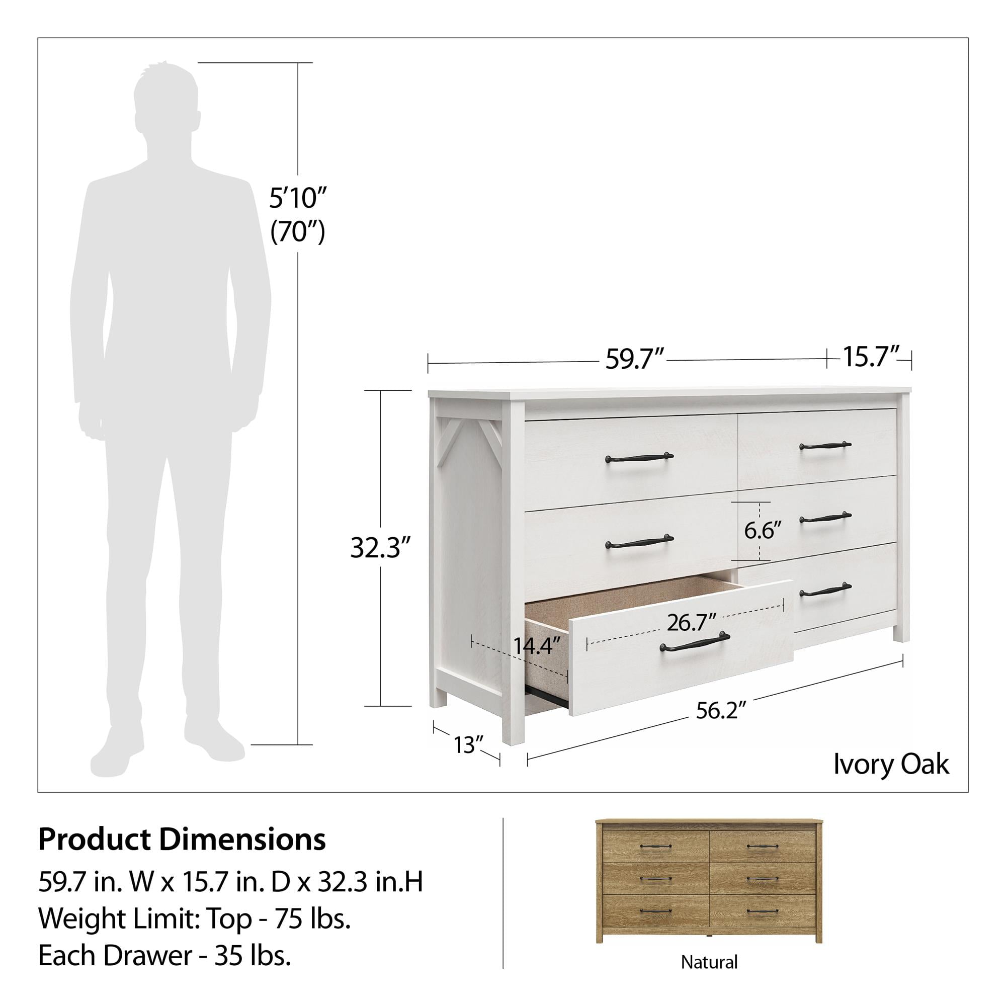 Ameriwood Home Abilene 6 Drawer Wide Dresser, Ivory Oak