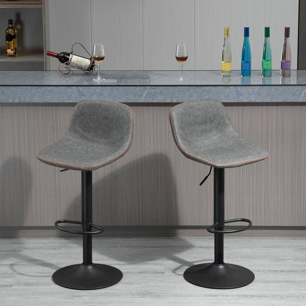 HOMCOM 41.75 in. Grey Low Back Metal Bar Height Swivel Bar Stool with PU Leather Seat (Set of 2) 835-327GY