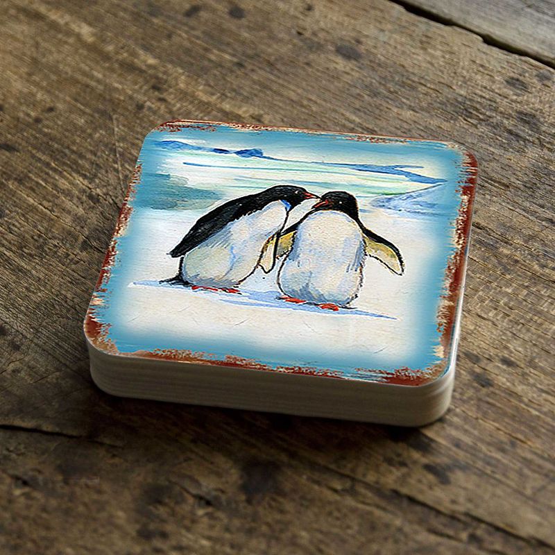 Penguins Wooden Cork Coasters Gift Set of 4 by Nature Wonders