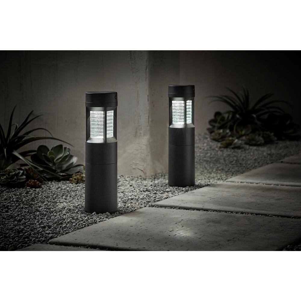 Hampton Bay Limestone Solar Silver Motion Sensing Integrated LED Bollard Light with Adjustable Height (2-Pack) 93123