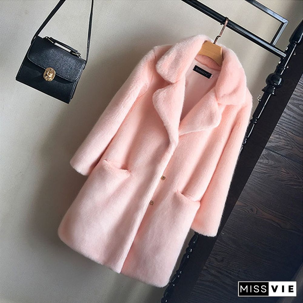 Women Mink Faux Fur Coat Solid Female Turn Down Collar Winter Warm Fur Lady Overcoat Casual Jacket