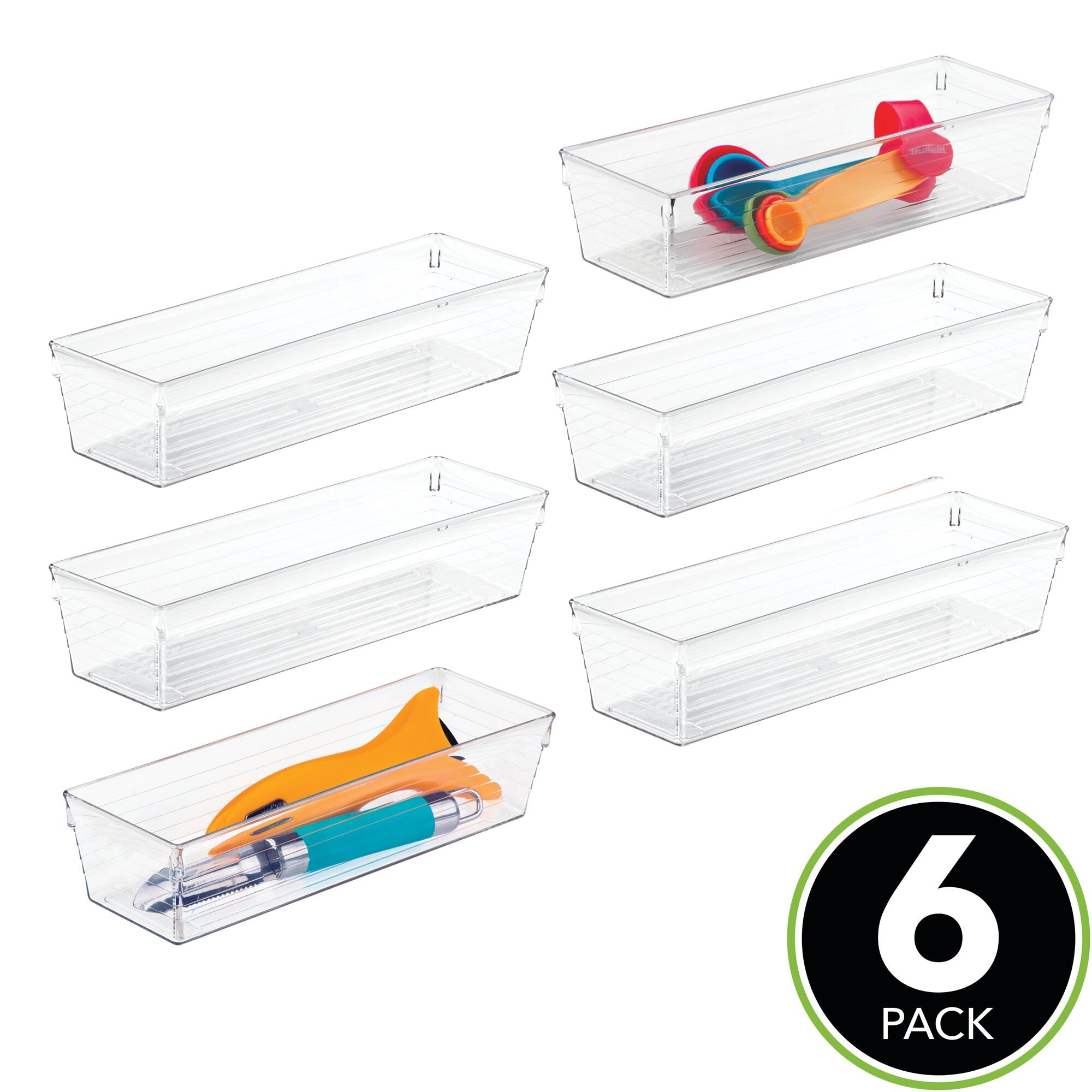 mDesign Plastic Kitchen Cabinet Drawer Organizer Tray - Utensil and Tool Storage Bin - 9 Inch Long Pantry and Kitchen Drawer Organization for Cutlery and Gadgets - Mesa Collection - 6 Pack - Clear