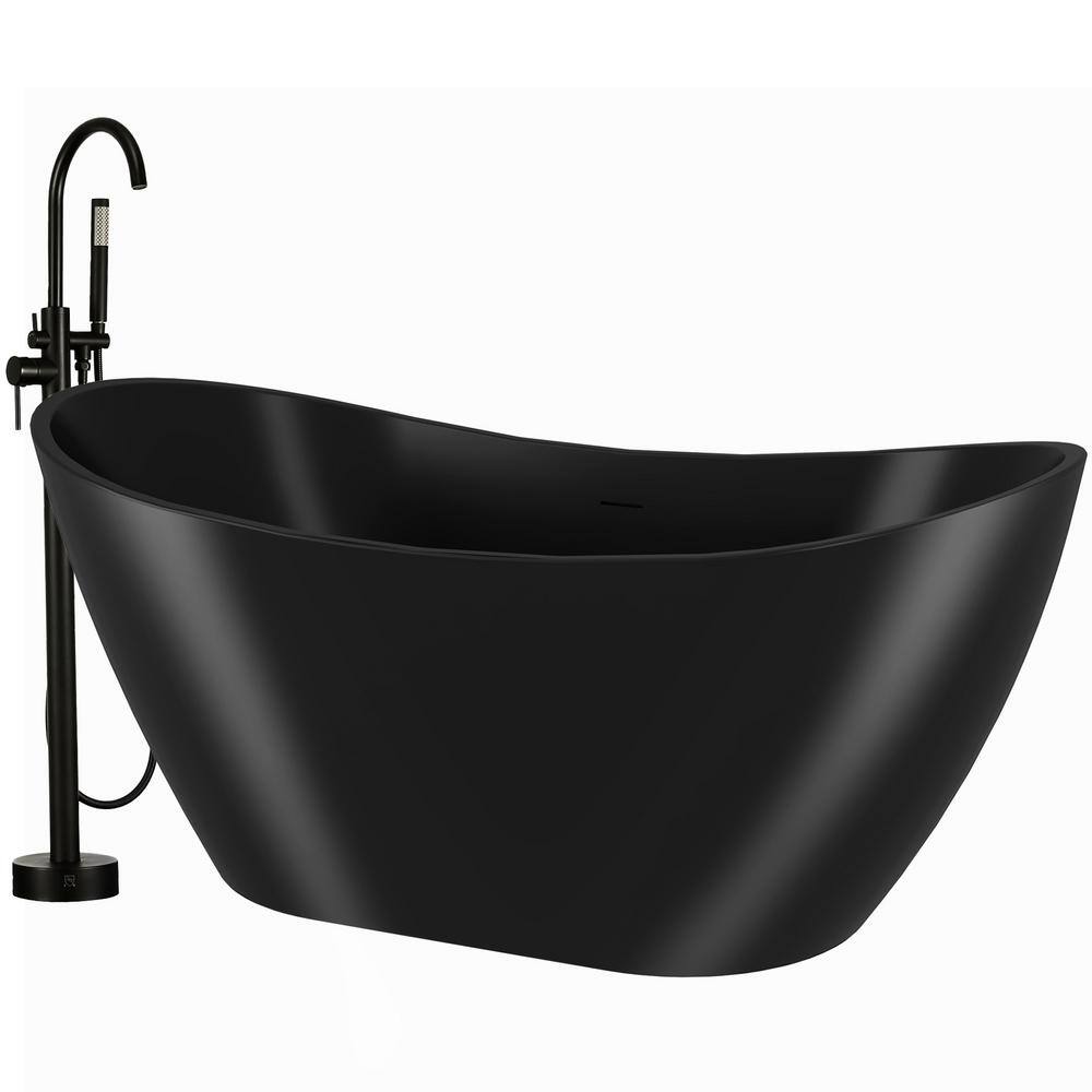 AKDY 60 in. Solid Matte Black inside and outside Bathtub with Tub Filler Combo - Modern Flatbottom Stand Alone Tub BT0130-42