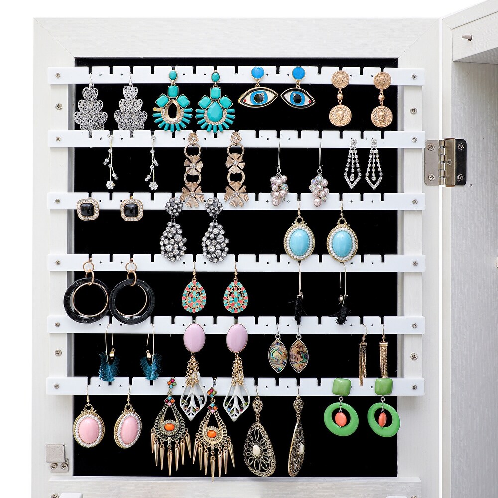 43''H Full Length Mirror Cabinet LED Lights Velvet Jewelry Armoire with 2 Drawers Multi Storage  Can be Hung on Door Wall