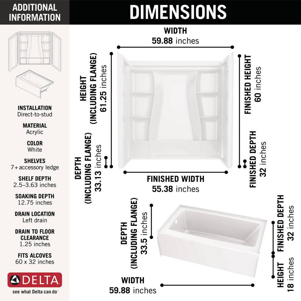 Delta Classic 500 60 in. x 32 in. Alcove Left Drain Bathtub and Wall Surrounds in High Gloss White BVS2-C521-WH