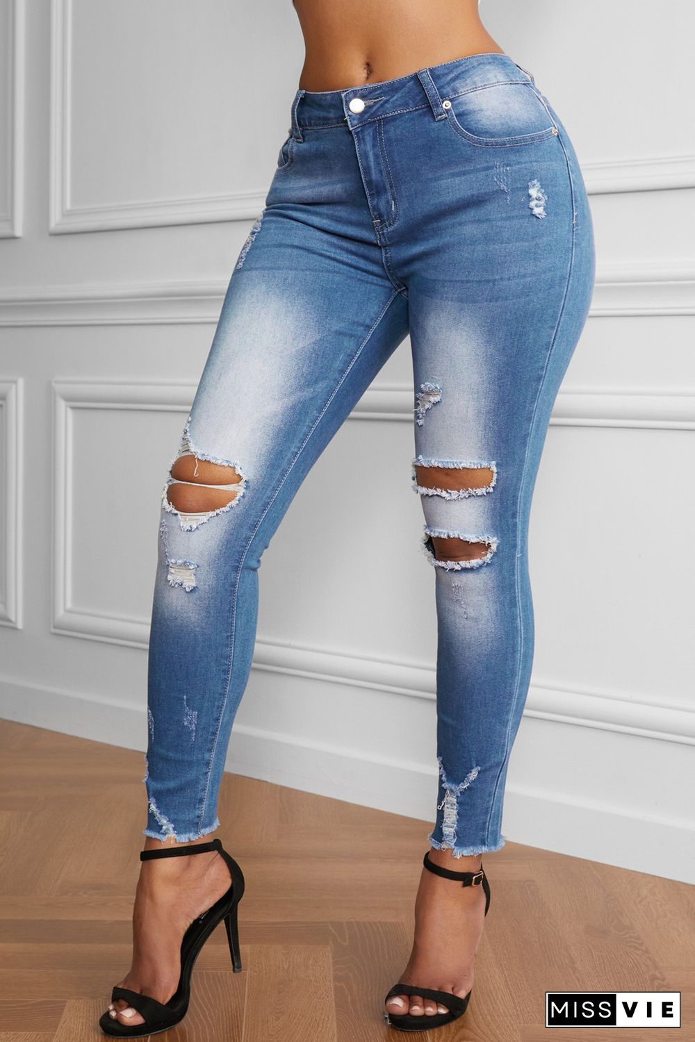 Faded Mid High Rise Jeans with Holes