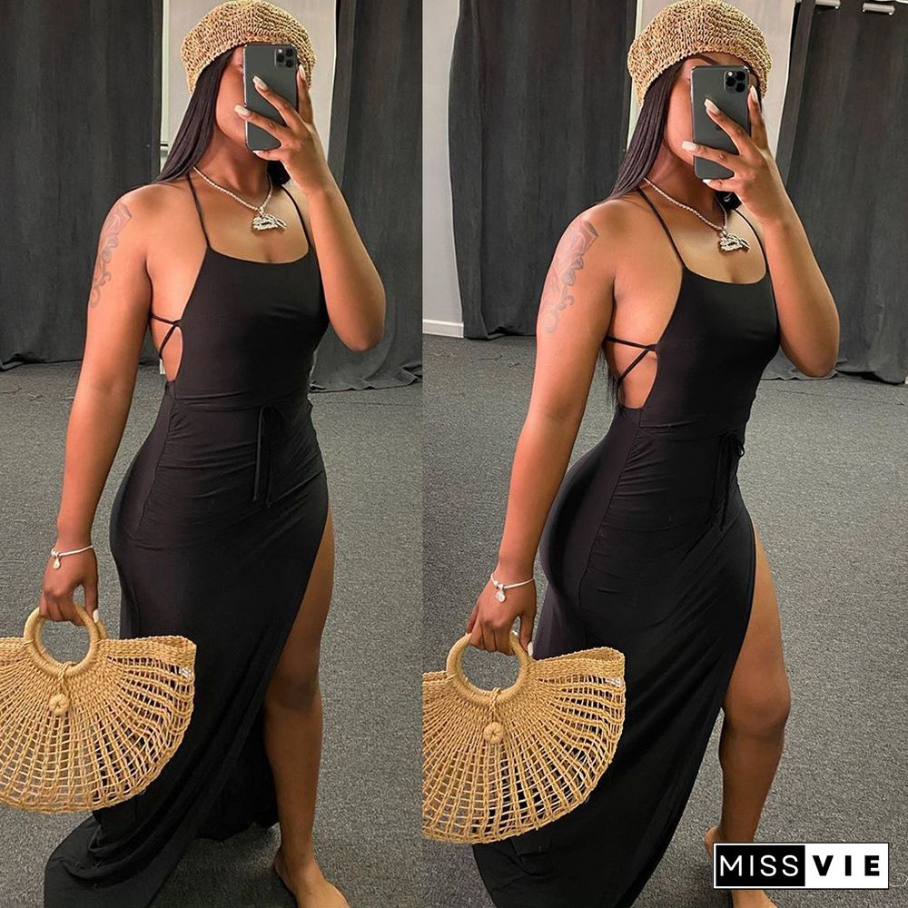 Women Sexy Solid Backless Halter Sling Bandage High Side Slit Slinky Evening Party Long Maxi Dress