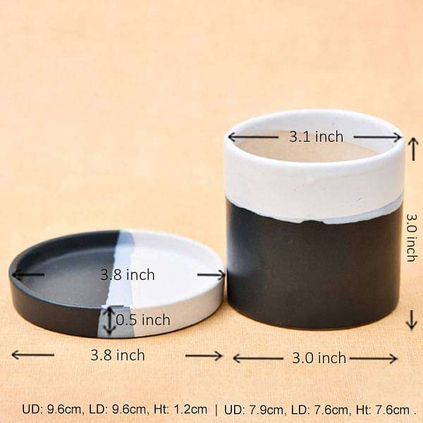 3.1 inch (8 cm) CP045 Cylindrical Ceramic Pot with Plate (White, Black) (set of 2)