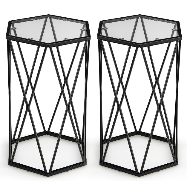 Costway Set Of 2 End Table Tempered Glass Top Metal Frame Hexagonal Accent Side Table