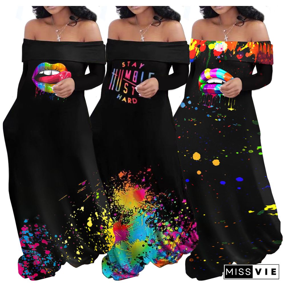 Rainbow Lip Print Off The Shoulder Slash Neck Maxi Dress