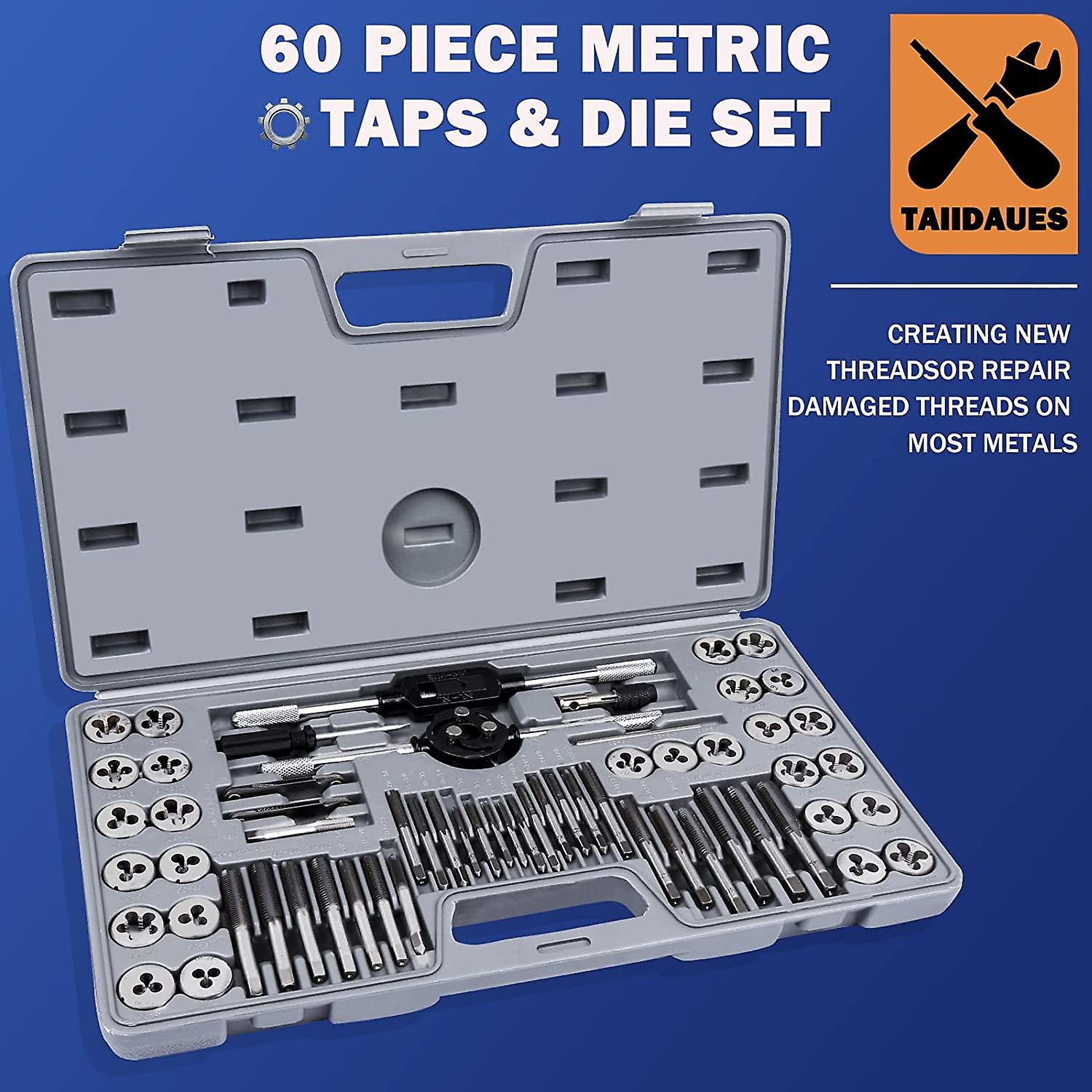 Tap And Die Set Set Of 60 Metric And Sae Standard Taps And Dies - Rethreading Tool Kit For Cutting External And Internal Threads - With Accessory Stor