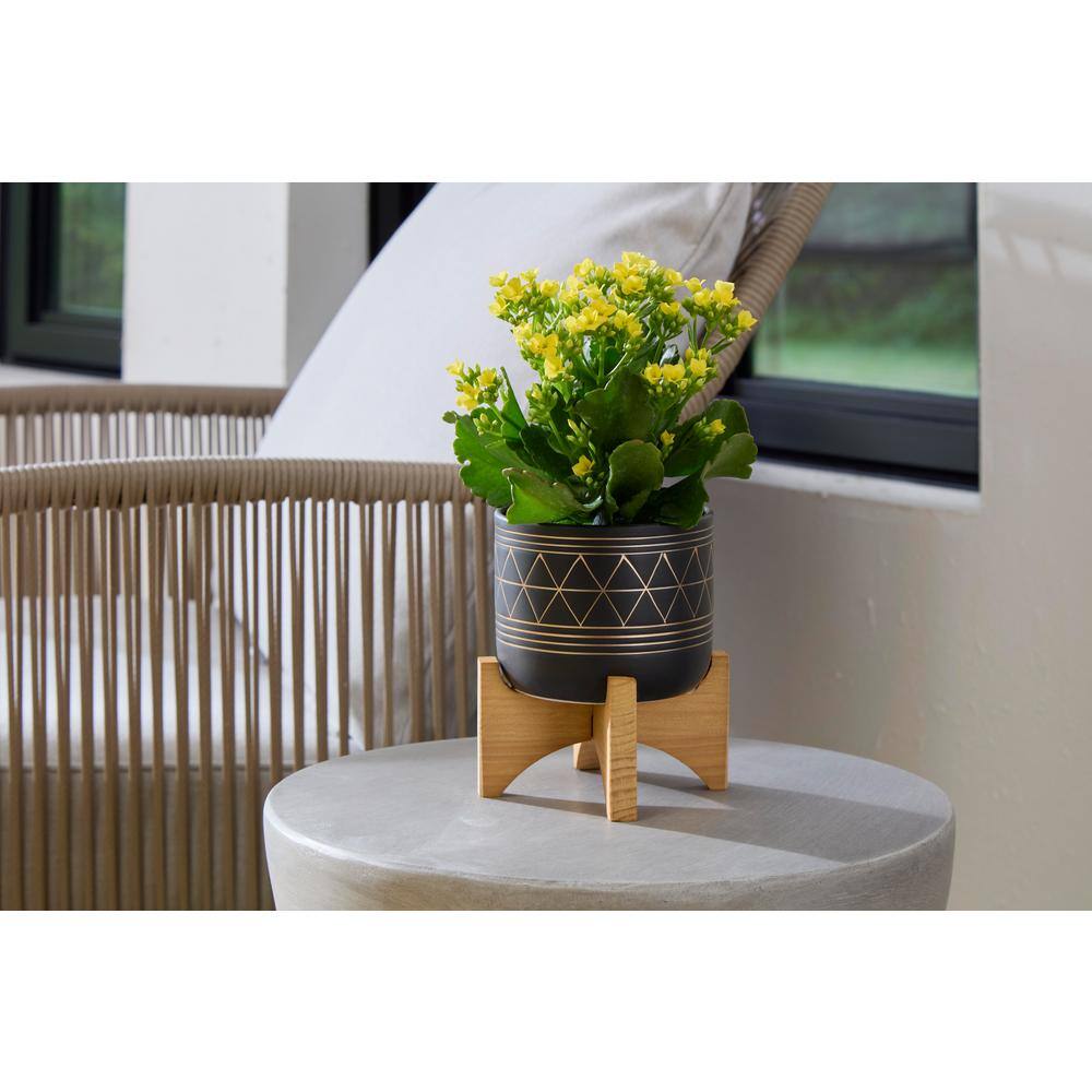 Vigoro 5 in. Newark Small BlackGold Geo Ceramic Planter (5 in. D x 6 in. H) with Wood Stand CT044-BKGD