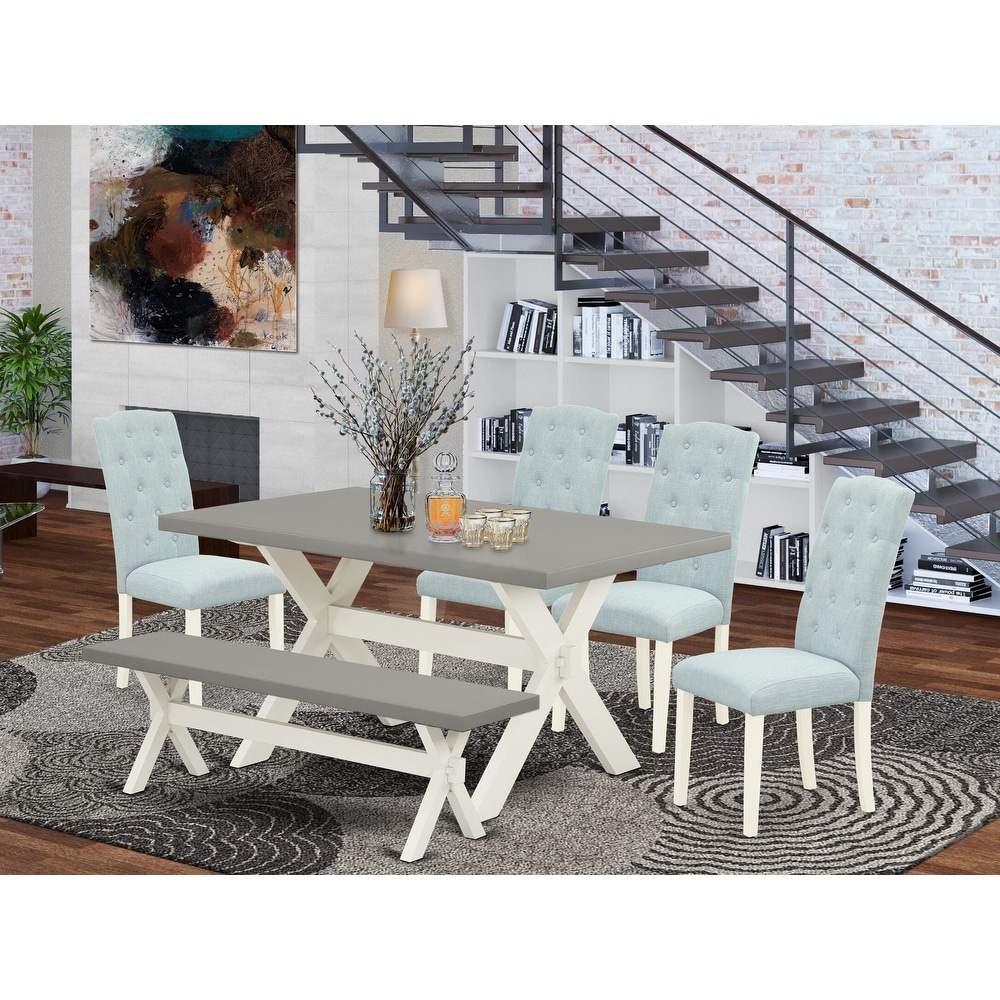 East West Furniture Dining Table Set  a Dining Table and Baby Blue Linen Fabric Upholstered Chairs  Linen White(Pieces Options)