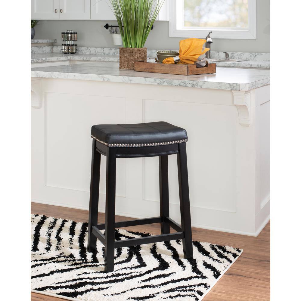 Linon Home Decor Concord Black Wood Frame Counter Stool with Padded Black Faux Leather Seat 55815BLK01U