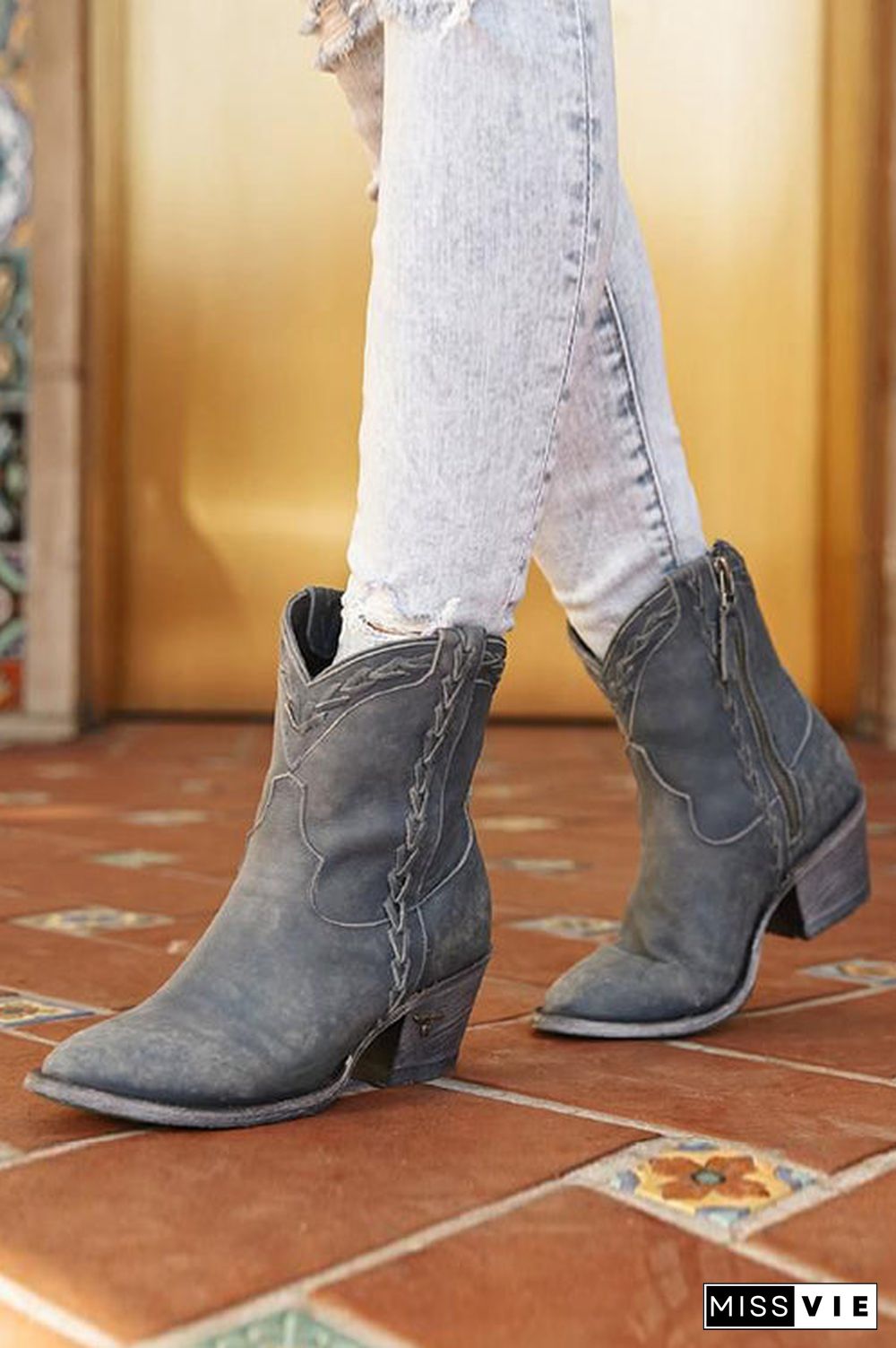 Slip On Mid Chunky Heels Boots