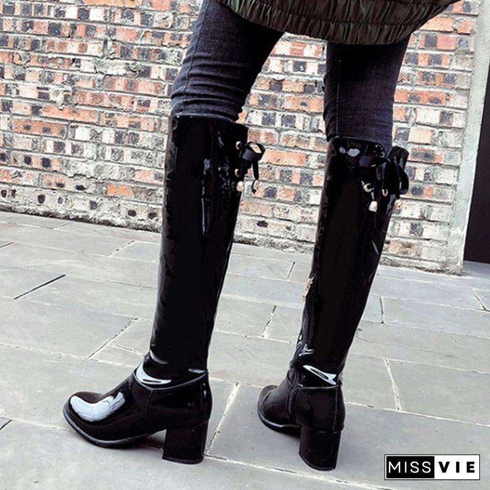 Women Knee High Boots Patent Leather Shoes Chunky Mid Heel Winter Boots Spring Autumn Fashion Plus Size