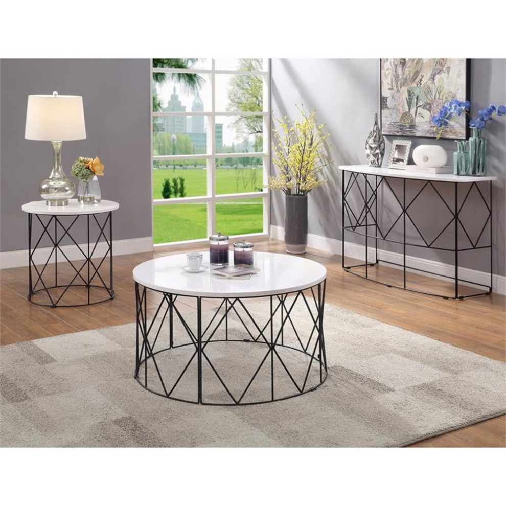 Bowery Hill Industrial Wood Round Coffee Table in White Finish   Transitional   Coffee Tables   by Homesquare  Houzz