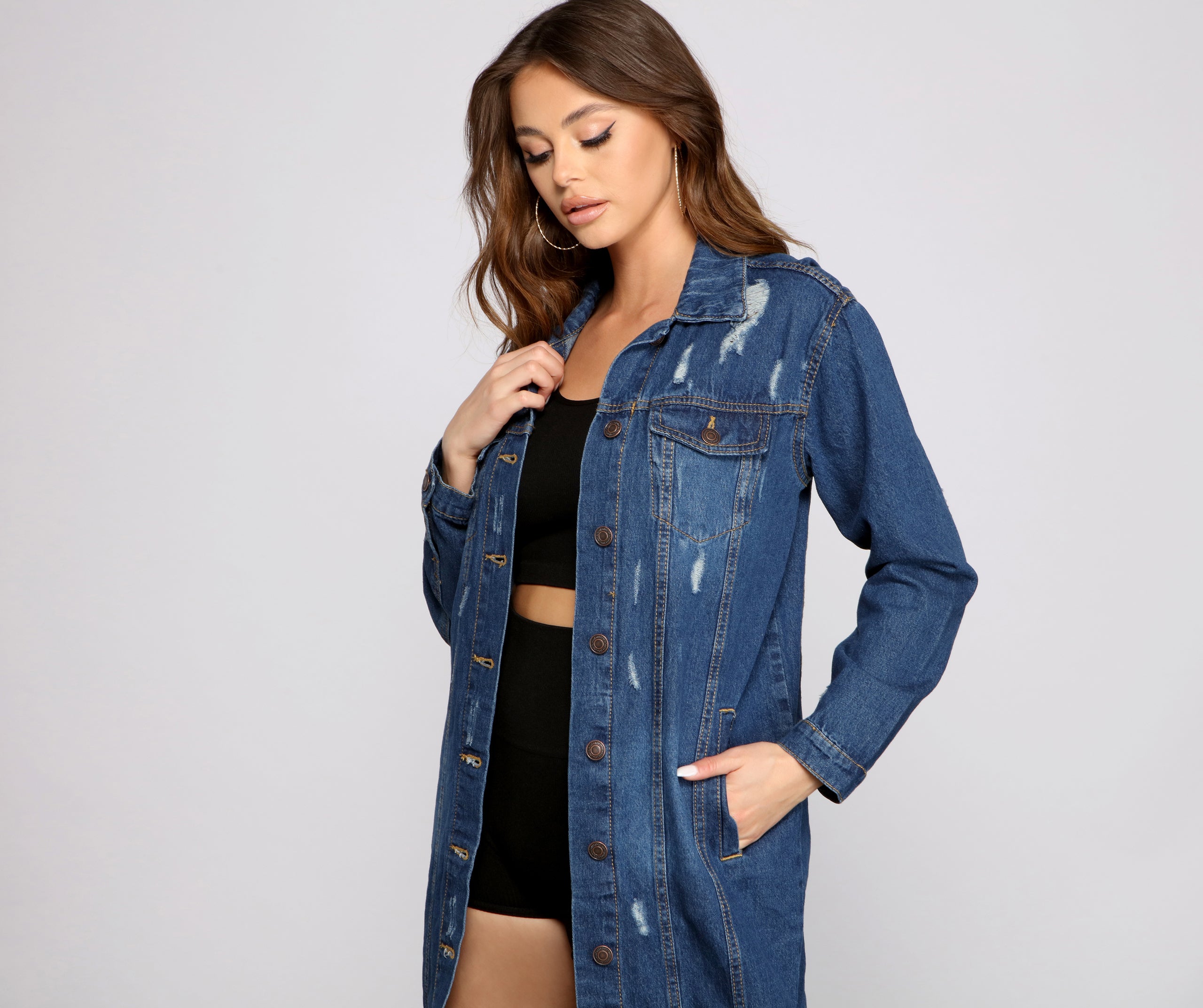 Level Up Destructed Long Line Denim Jacket