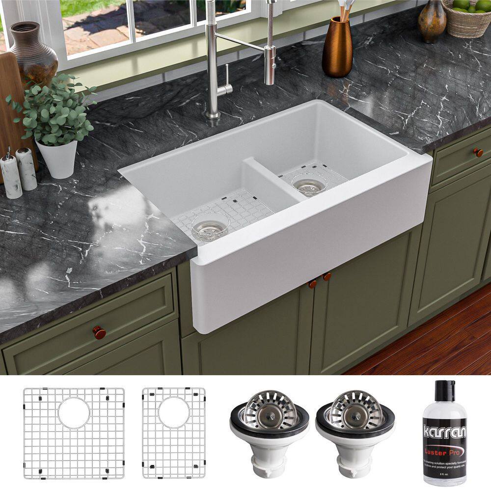 Karran QA-760 QuartzGranite 34 in. Double Bowl 6040 FarmhouseApron Front Kitchen Sink in White with Grid and Strainer QA-760-WH-PK1