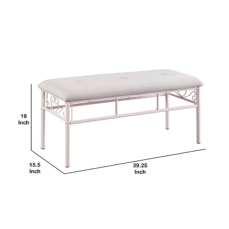 Metal Bench with Padded Seating and Scrolled Accents， Pink and Gray