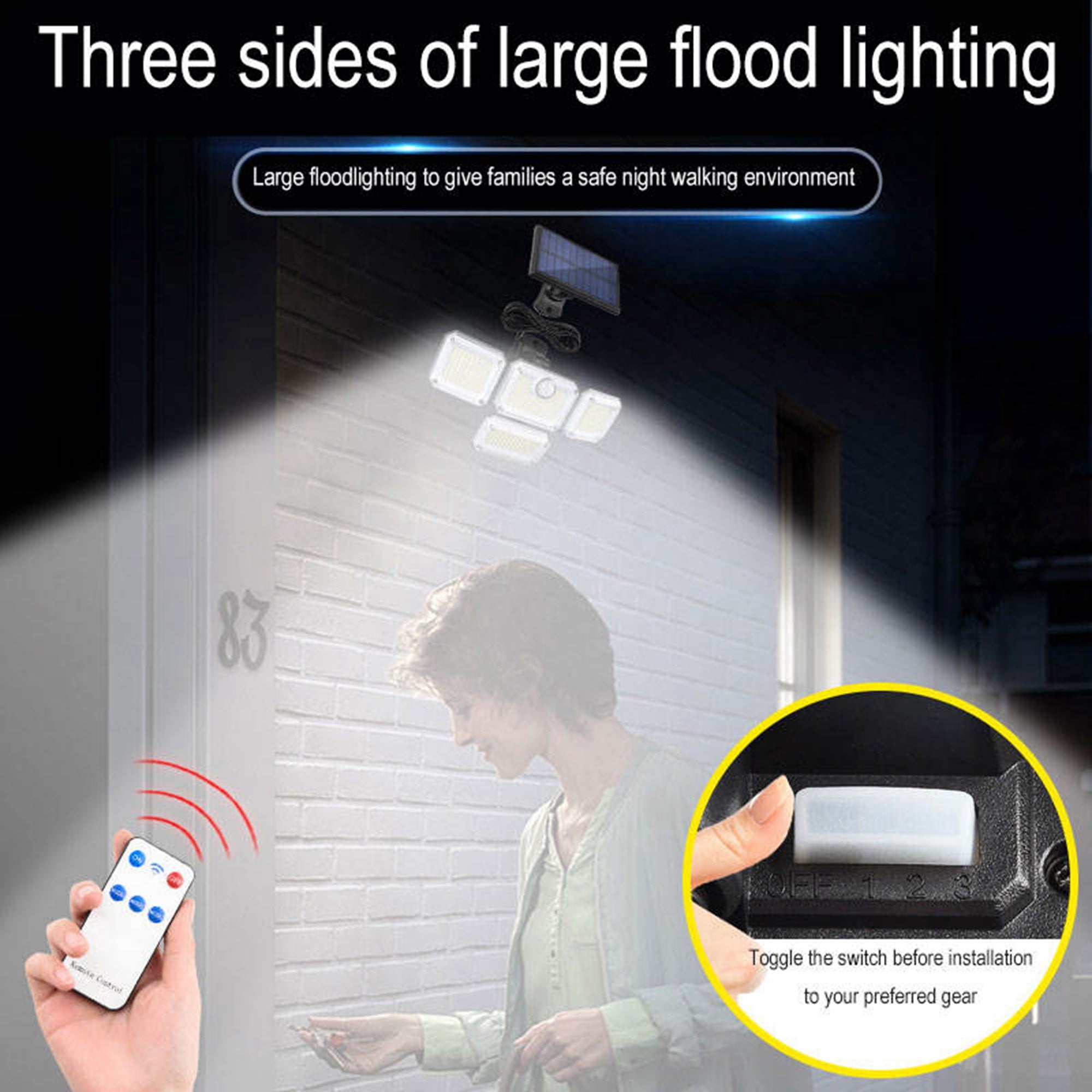 Solar Lights Outdoor Indoor Motion Sensor LED Flood Light - Solar Powered Security Lights Outside Waterproof ，4 Adjustable Heads Solar Indoor Lights For House - Led Wall light with Remote and Cord