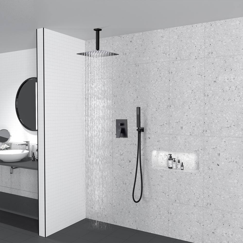 CASAINC 1-Spray Patterns with 10 in. Ceiling Mount Dual Shower Heads with Hand Shower Faucet in Black (Valve Included) M6066-B-10-MB