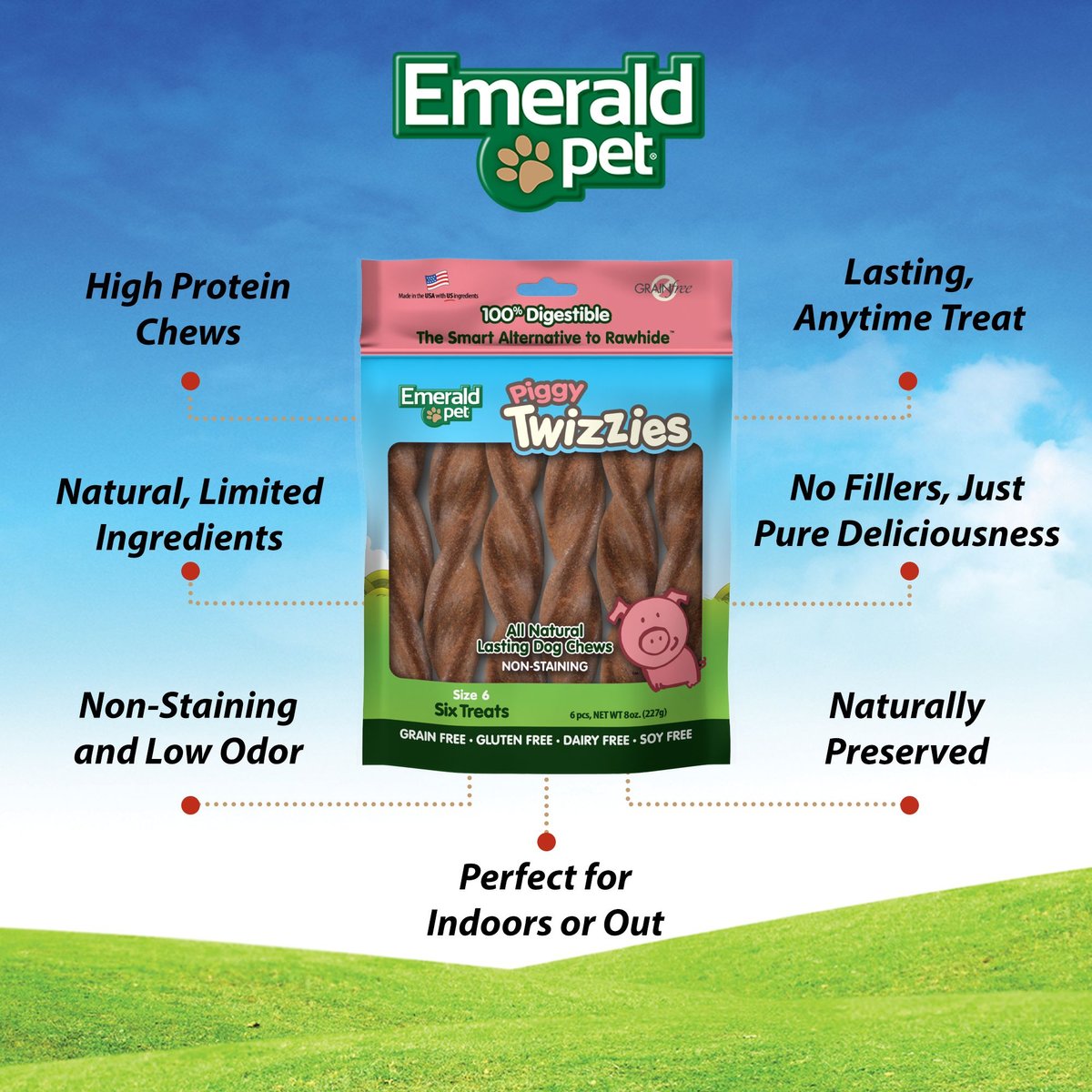 Emerald Pet Piggy Twizzies Grain-Free Dog Treats， 6-in