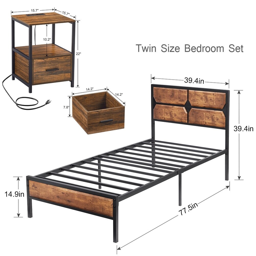 Industrial 3 Piece Vintage Brown Bed Frame and Charging Station USB Port Nightstands Set of 2