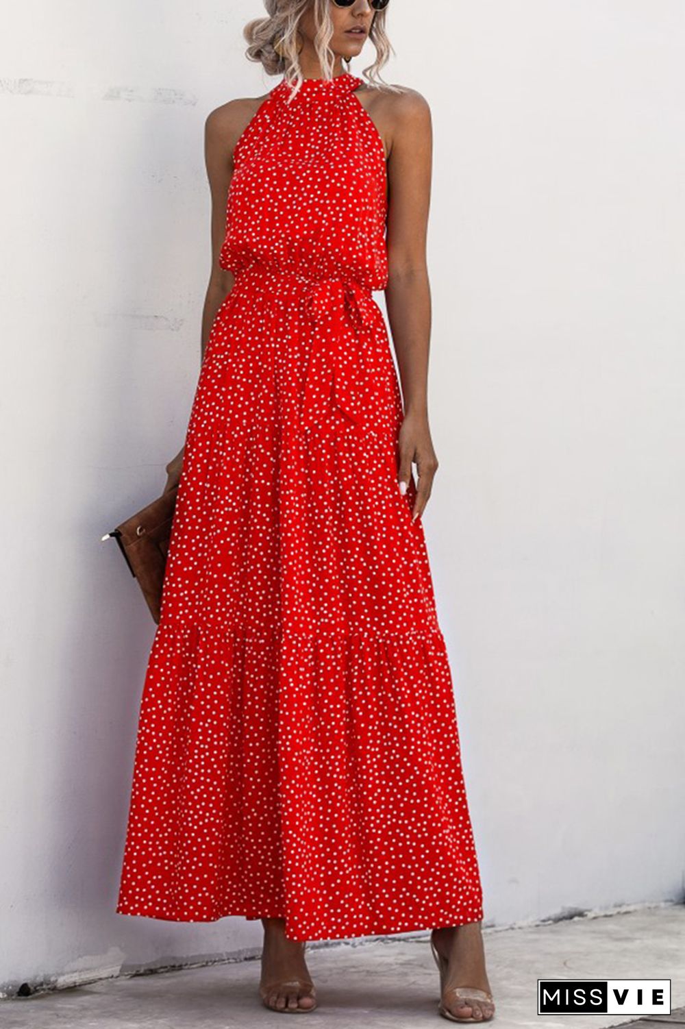 Halter Polka Dot Print Tie Waist Maxi Dress Wholesale