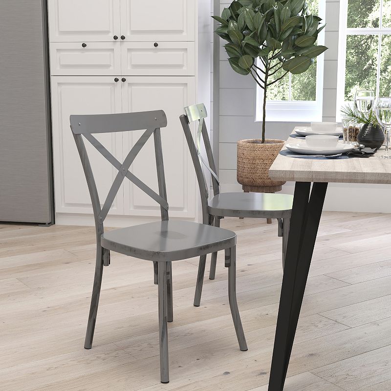 Merrick Lane Nevena Cross Back Steel Dining Chair with Classic Modern Farmhouse Design in Distressed Silver for Dining Room， Kitchen and More