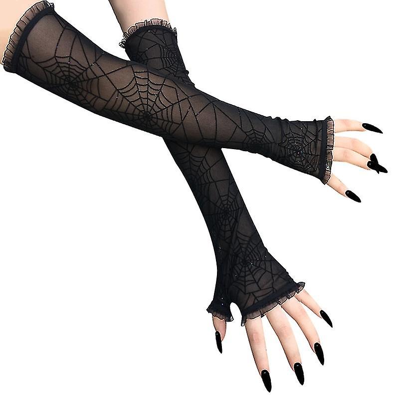 Women Gloves Sexy Fashion Female Full Finger Short Lace Gloves Women Driving Spider Web Pattern Sun Anti-uv Black Gloves