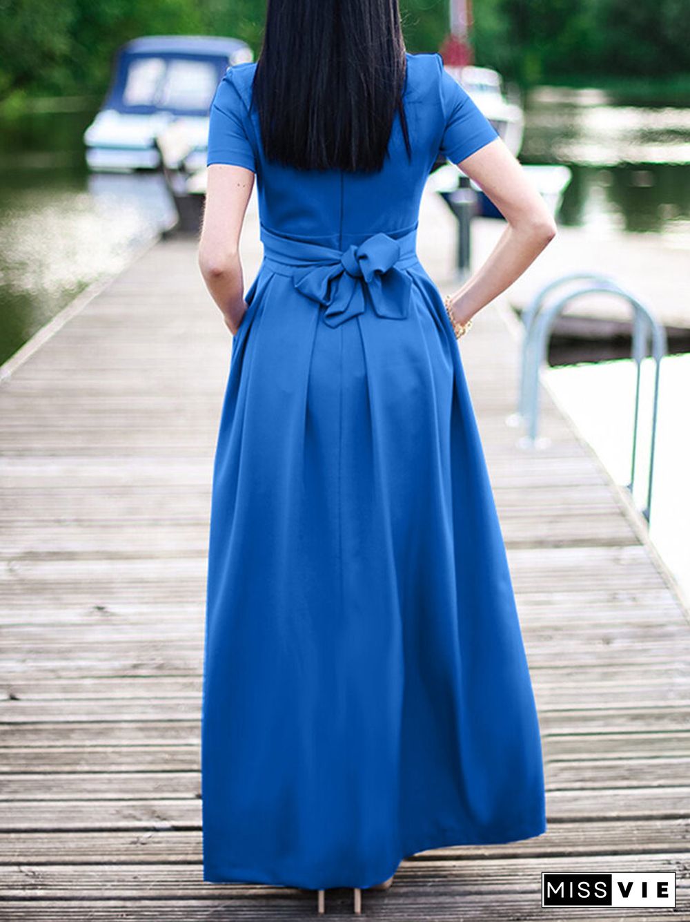 Solid Short Sleeve Pocket Crew Neck Maxi Dress