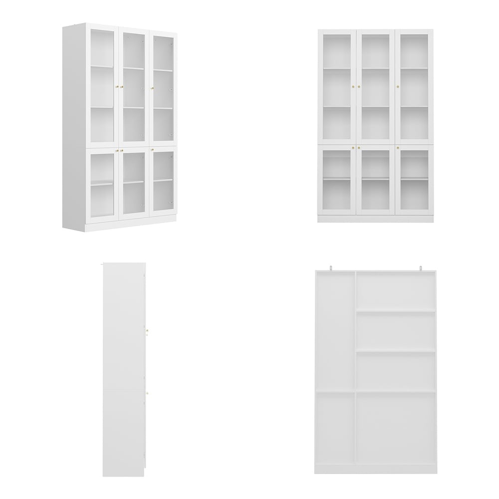 Tall Bookshelf Bookcase with 6 Glass Doors Gold conical handle White   78.7\