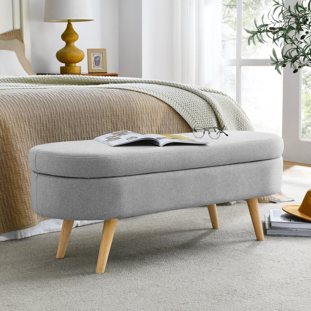 Storage Ottoman Bench Linen Upholstered Legs Flip Top Oval Foot Rest Long Stool for Sofa Couch Bedroom End of Bed Entryway