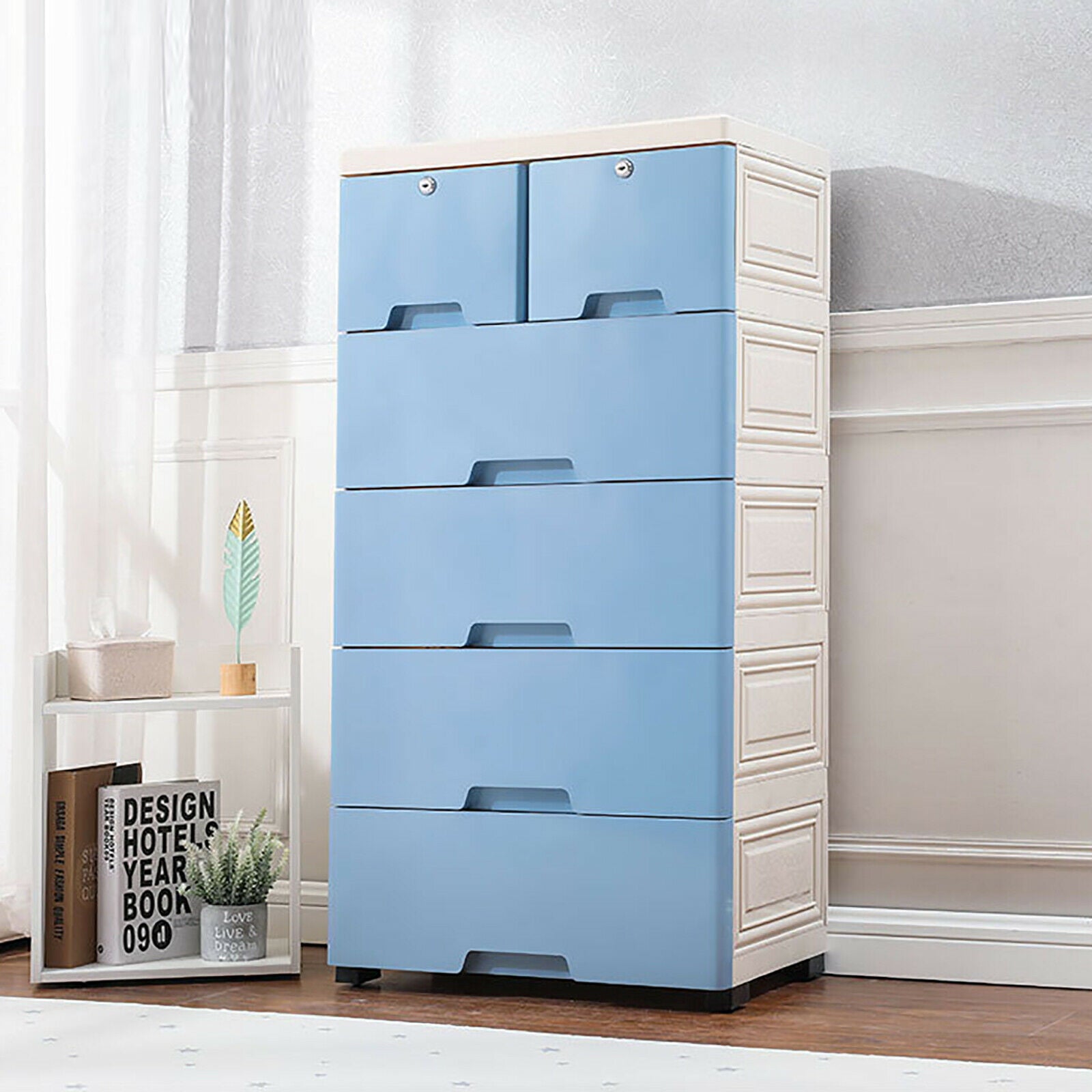 6 Drawer Plastic Cupboard Floorstand Storage Box With Wheels Storage Dresser Blue Plastic Closet Wardrobe Clothes Organizer Cabinet Dresser Chest Clothes Storage Bedroom Closet Cabinet Free Standing