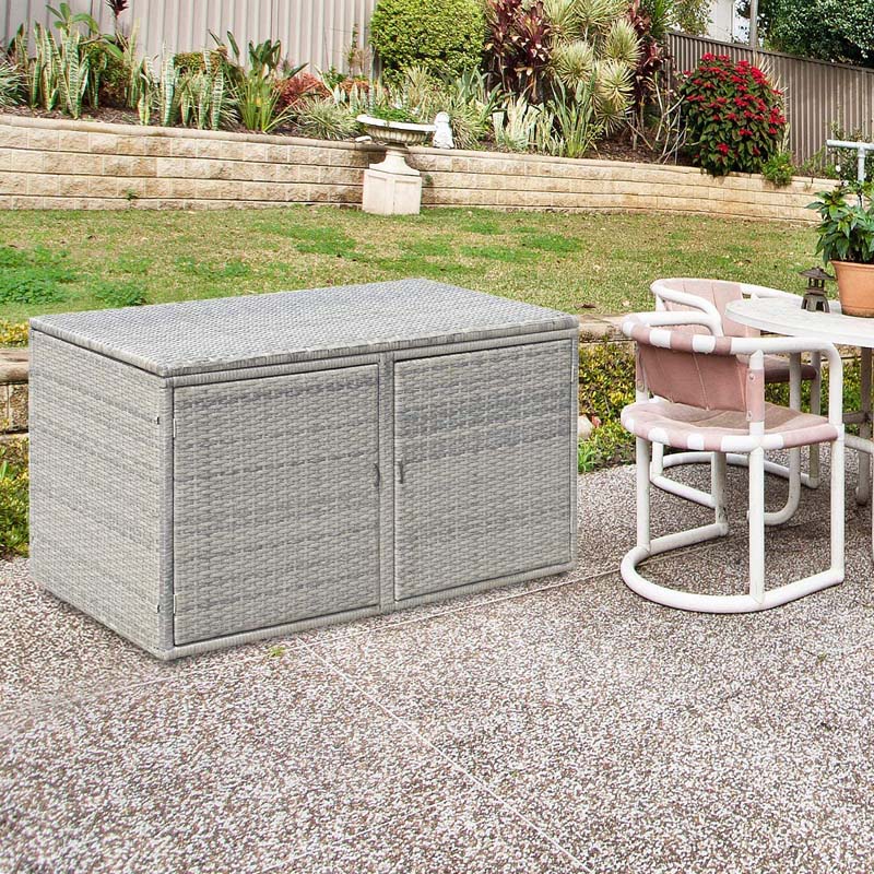 88 Gallon Patio Wicker Storage Box Rattan Deck Bench with Openable Door