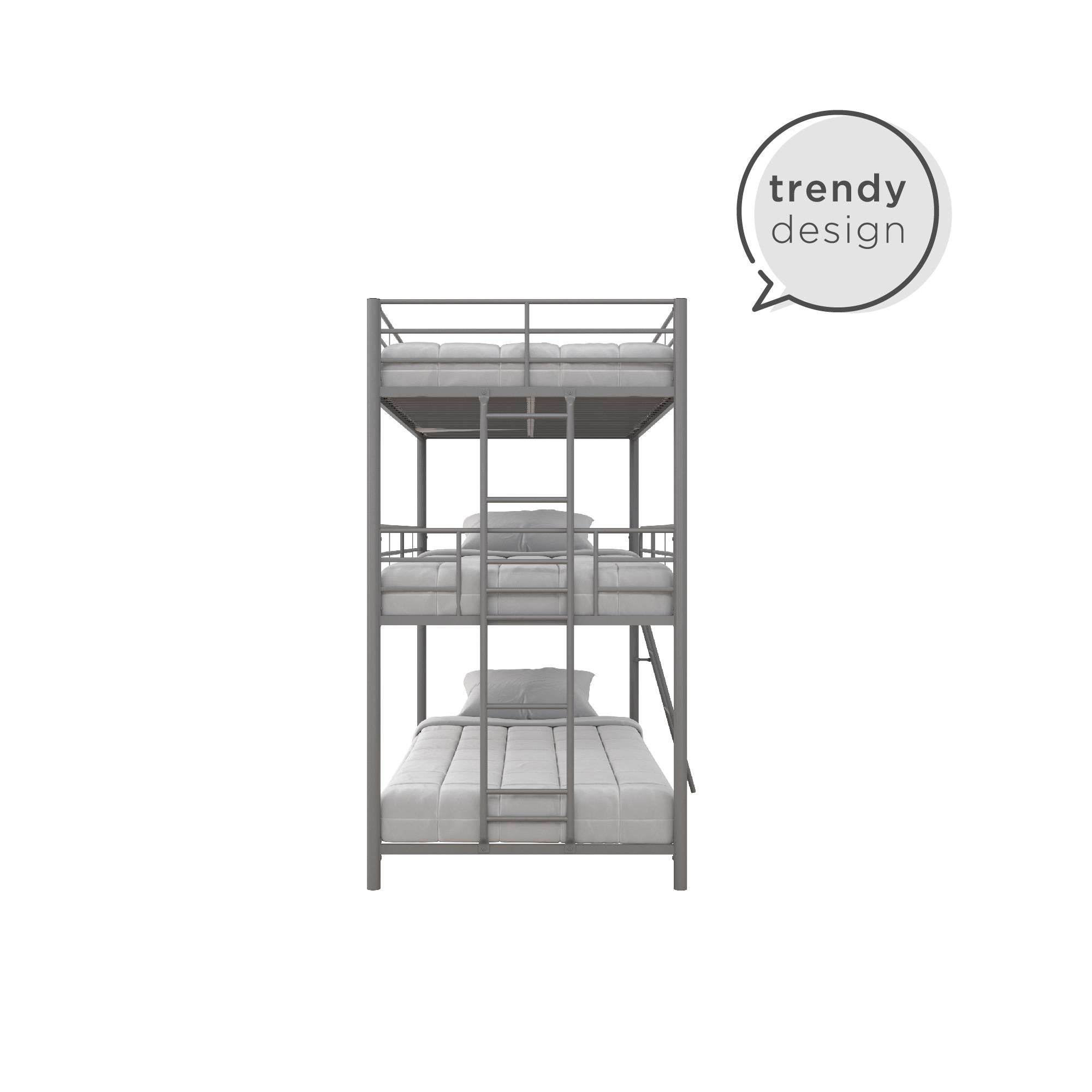 DHP Everleigh Triple Metal Bunk Bed, Twin/Twin/Twin, Bed for Kids, Silver