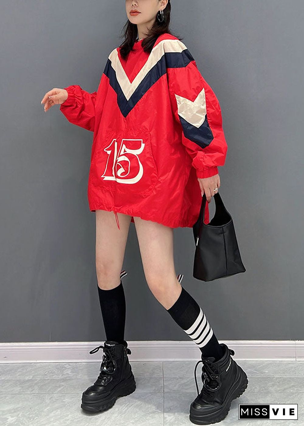 Stylish Red Oversized Pockets Drawstring Print Sweatshirts Top Fall