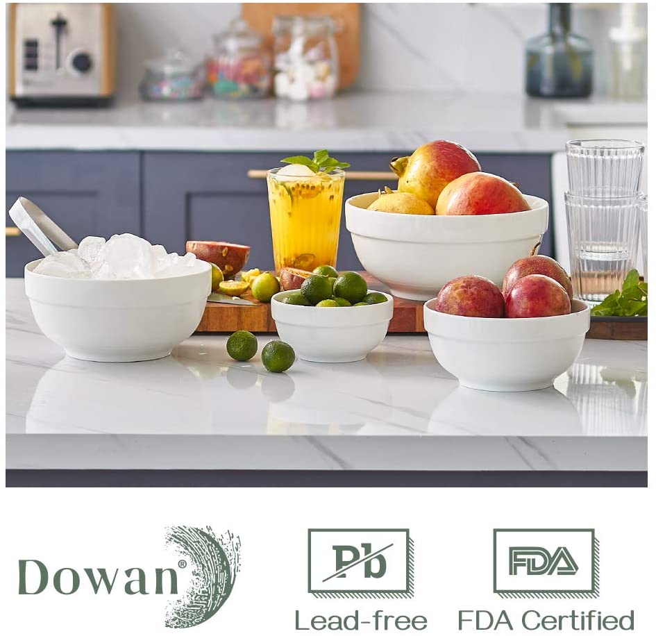 DOWAN Porcelain Serving Bowls， Large Serving Bowl Set， 64/42/22/12 Ounce White Ceramic Bowls， Prep Bowls for Kitchen， Scratch Resistant， Oven and Microwave and Dishwasher Safe