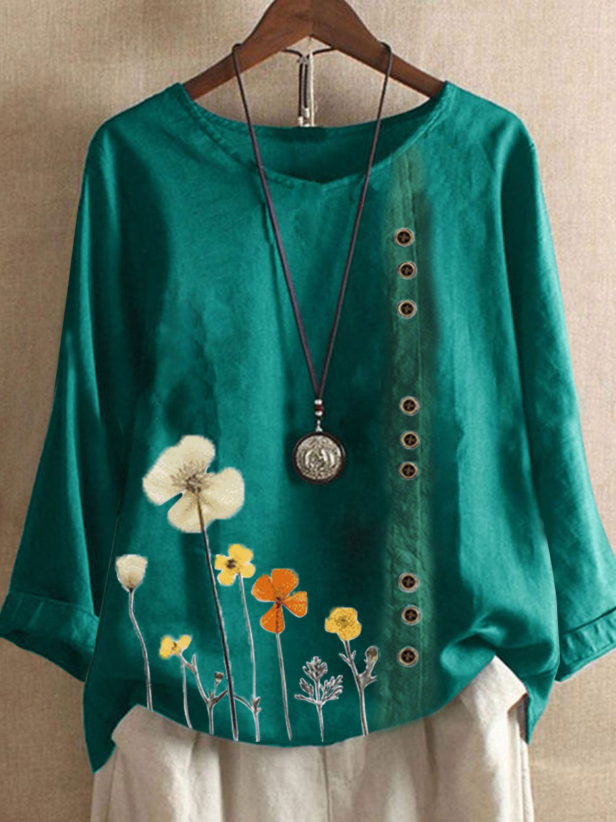 Floral Print Round Neck Cotton And Linen Long Sleeve Blouse