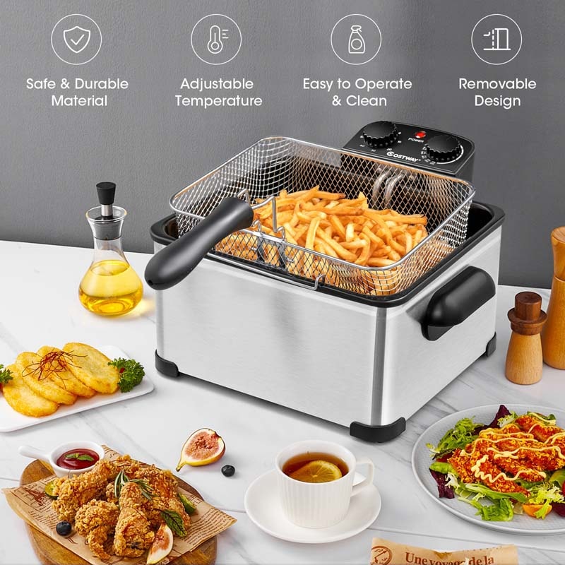 5.3 QT Electric Deep Fryer, 1700W Oil Fryer with Timer, Triple Stainless Steel Frying Basket, Viewing Window Lid