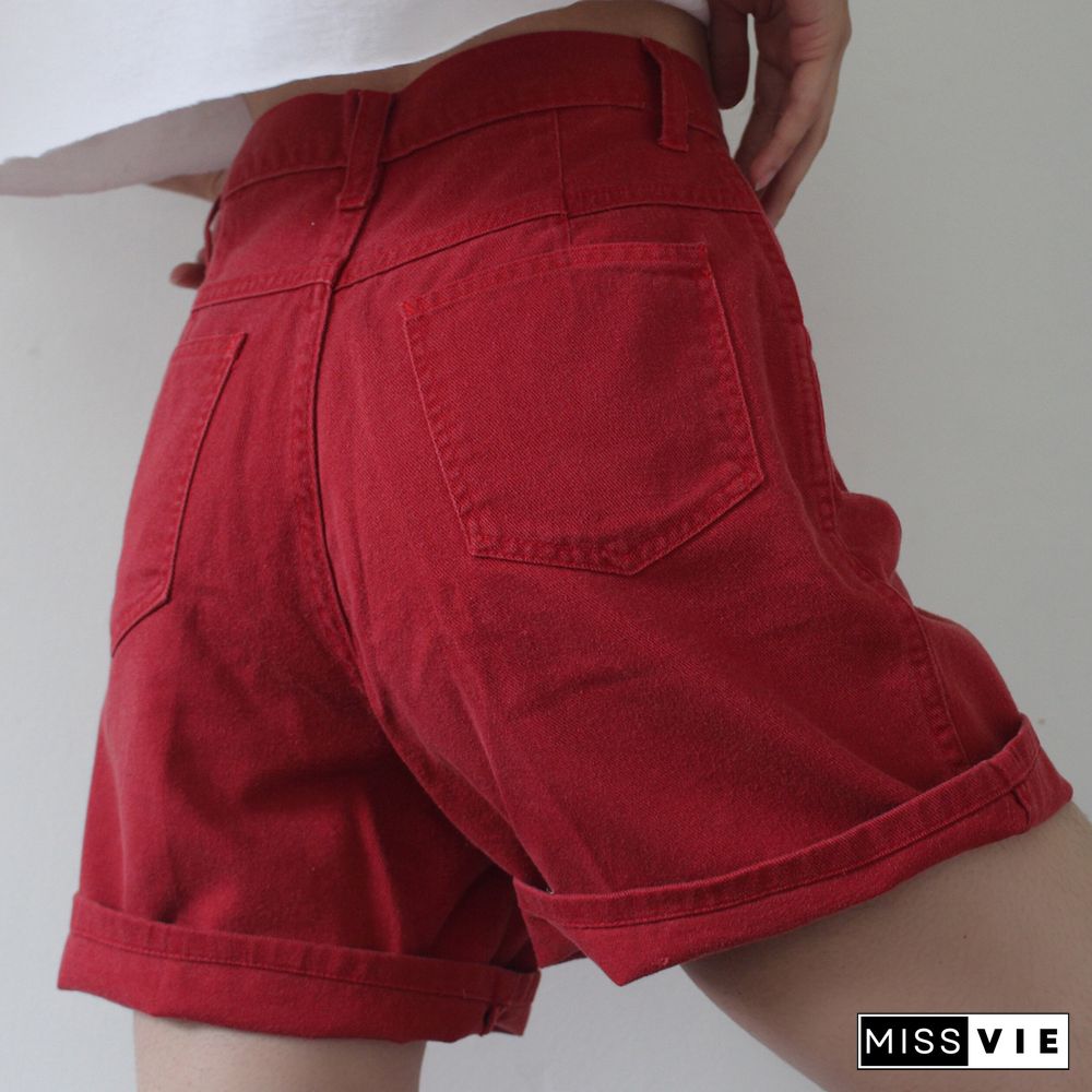 Solid Color Red Loose Fitting Shorts