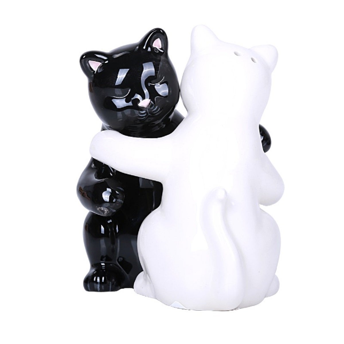 Hugging Kitty Cats Ceramic Salt and Pepper Shakers Black and White Magnetic - Black，White