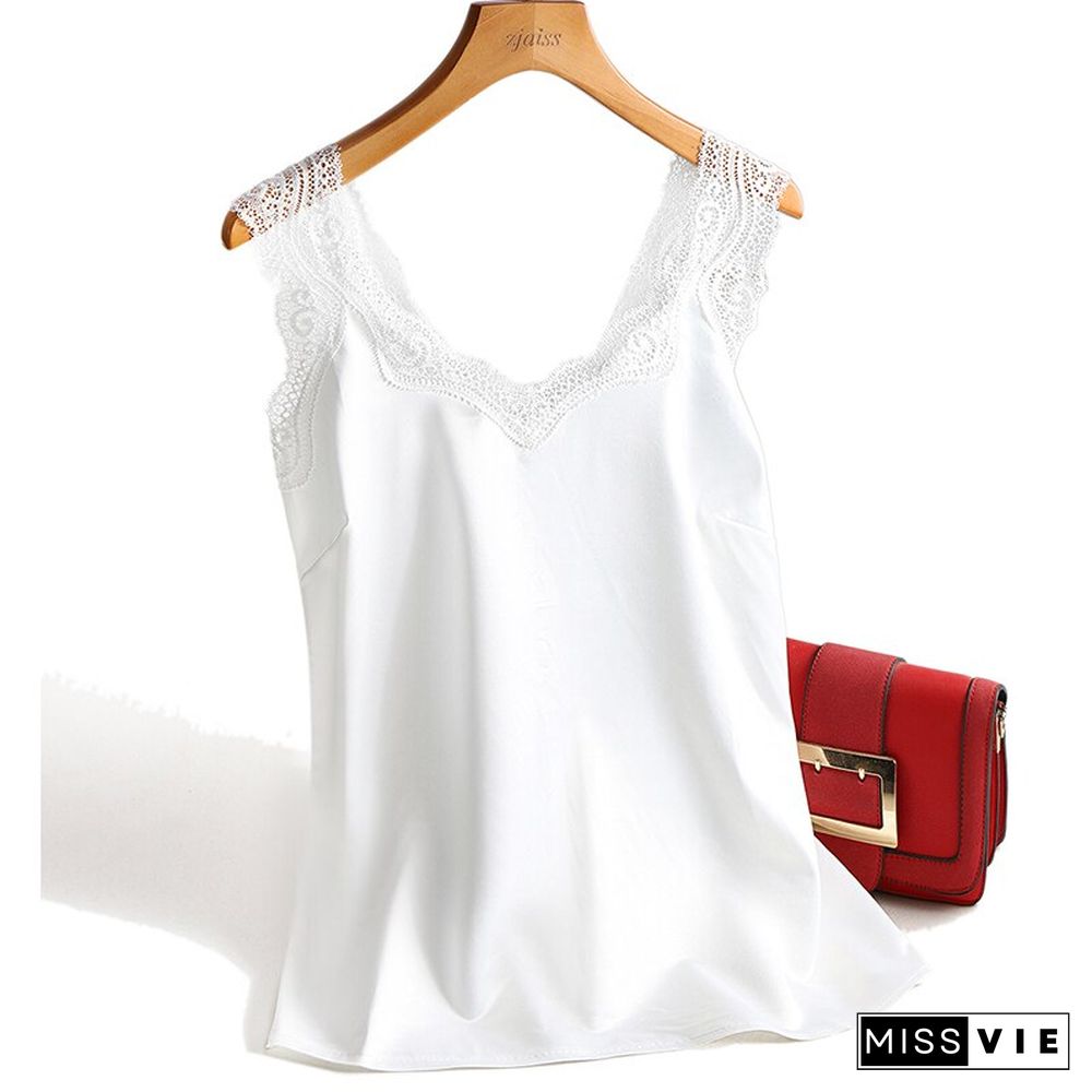 Lace Strap Silk Top Women Sexy V Neck Sleeveless WhiteVest Satin Elasticity Mesh Silk Tank Tops Women Basic Plus Size Camisole