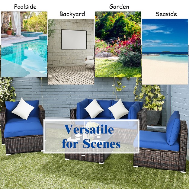 Costway 6pcs Patio Rattan Furniture Set Sofa Coffee Table Ottoman Navy