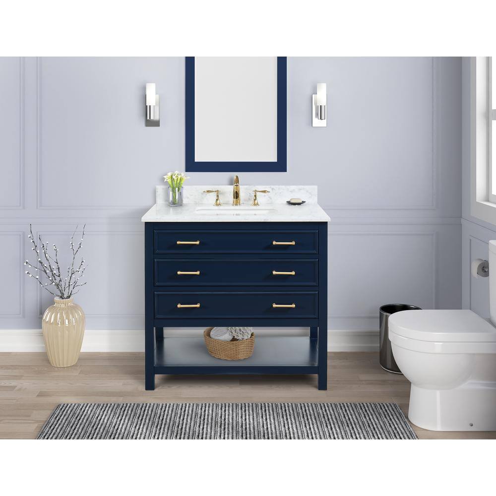 TILE  TOP Uptown 36 in.W x 22 in.D x34.75 in.H Bath Vanity in Navy Blue with Carrara Marble Vanity Top in White with White Basin TH0857