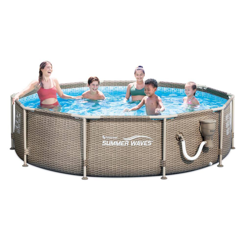 Summer Waves 10 ft. x 30 in. Round Framed Swimming Pool with Exterior Wicker Print, Tan P20010305