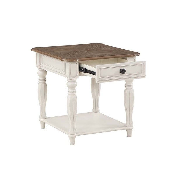 1 Drawer Wooden End Table in Antique White and Oak